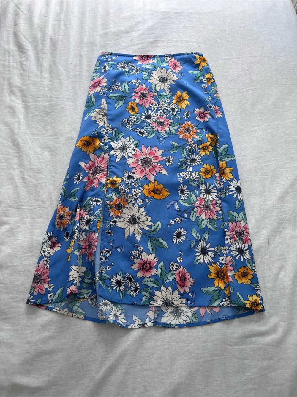 Floral Blue A-Line Midi Skirt - Women